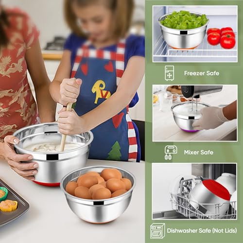 TeamFar Mixing Bowls with Lids Set, 1/1.5/2.5/3.5/7 QT, Stainless Steel Large Metal Nesting Salad Bowl Set of 5, Healthy & Sturdy, Non-slip Bottom & Airtight Lid, Multi-Color - Image 4