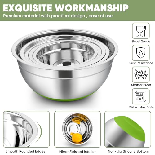 TeamFar Mixing Bowls with Lids Set, 1/1.5/2.5/3.5/7 QT, Stainless Steel Large Metal Nesting Salad Bowl Set of 5, Healthy & Sturdy, Non-slip Bottom & Airtight Lid, Multi-Color - Image 3