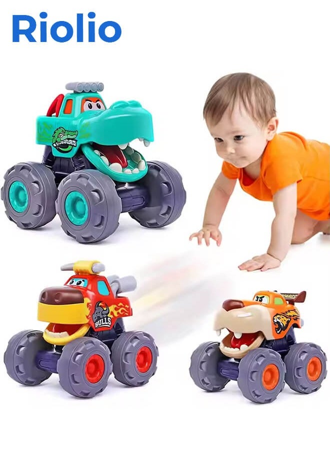 Riolio 3 Pack Monster Toys Truck 360° Rotating Stunt Cars - Pull Back Car Toys for 12 Month+ Boys - Toddler Car Toys for Boys and Girls Birthday Party Gifts 