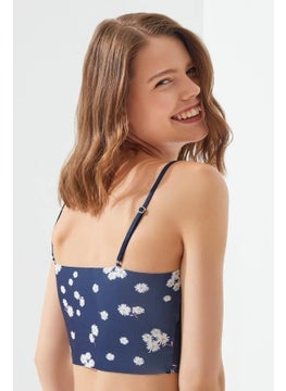 COTTONHILL Navy Blue and White Daisy Patterned Adjustable Straps Laser Cut Women's Crop Bustier  - Image 2