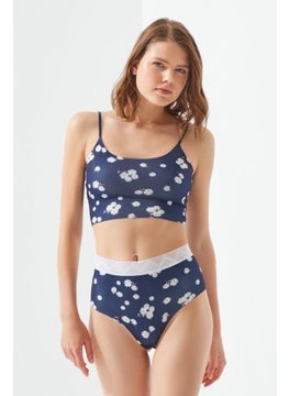 COTTONHILL Navy Blue and White Daisy Patterned Adjustable Straps Laser Cut Women's Crop Bustier  - Image 4