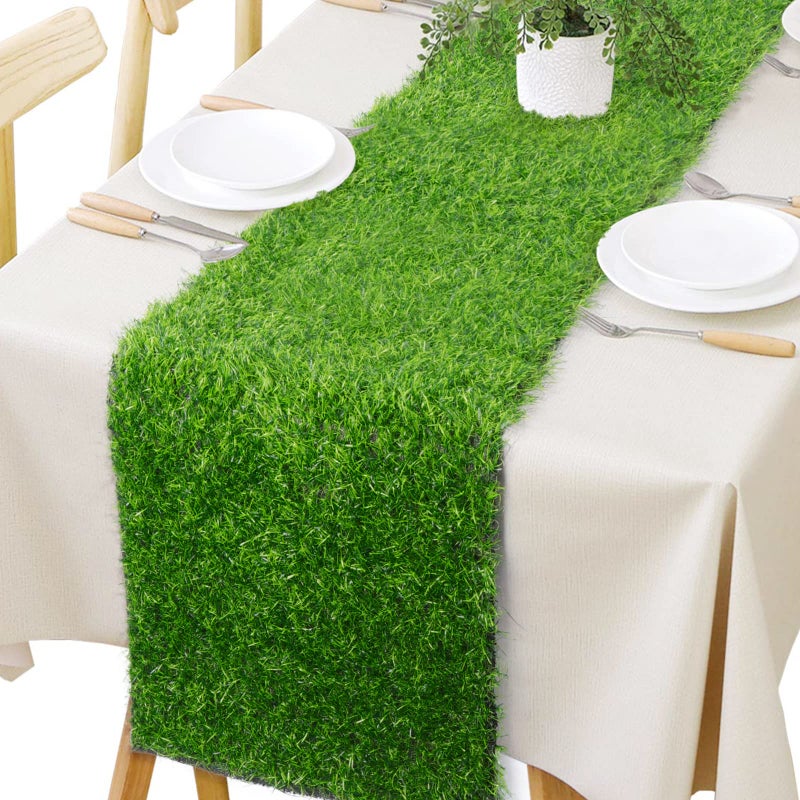 Hooqict Artificial Grass Table Runner 12 x 72 Inch Reusable Fake Grass Table Runner Green Faux Grass Table Decorations for Wedding Birthday Party Baby Shower Banquet Spring Summer Tabletop Decor
