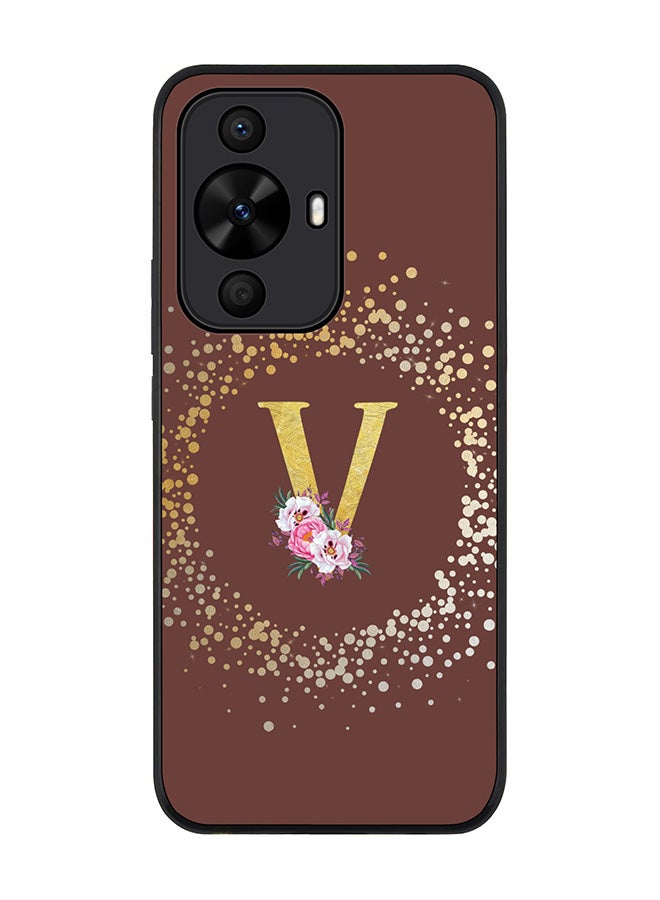 Stylizedd Rugged Black edge case for Huawei nova 12s / Huawei nova 11/ Huawei nova 12 Lite 4G,Custom Monogram Initial Letter Floral Pattern Alphabet - V (Brown) - Image 1