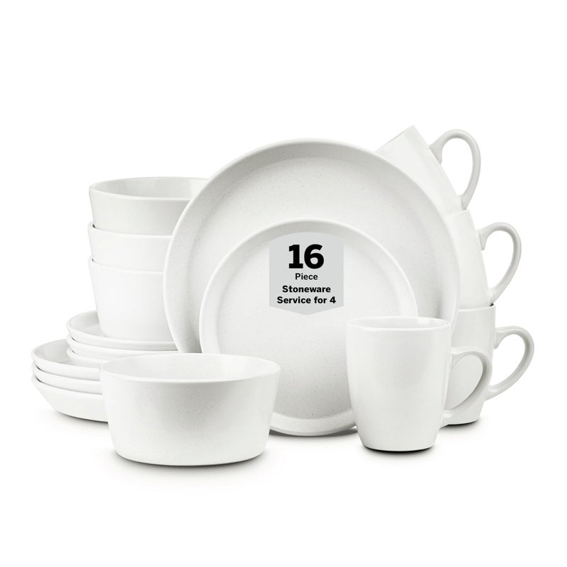 Stone Lain Albie Stoneware 16 Piece Dinnerware Set Plates and Bowls Sets Dish Set for 4 White Speckled Microwave  Dishwasher Safe