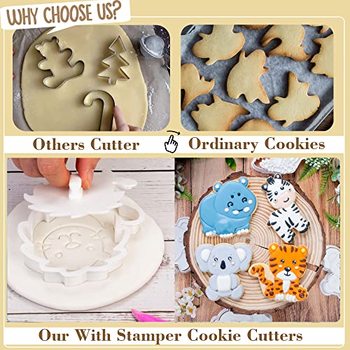 Flycalf Animal Cookie Cutters Set with Plunger Stamps Jungle Safari Animal Zoo Baking PLA Fondant Molds for Kids Party 3.5" Kitchen Cake Supplies - Image 3