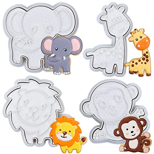 Flycalf Animal Cookie Cutters Set with Plunger Stamps Jungle Safari Animal Zoo Baking PLA Fondant Molds for Kids Party 3.5" Kitchen Cake Supplies - Image 1