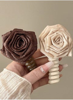 KHAJUL 2-Piece Handmade Rose Flower Headband Braided Hairband, Ponytail Clip Elastic Hairband, Ladies and Girls (Coffee color+Apricot color)  - Image 2