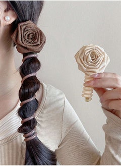 KHAJUL 2-Piece Handmade Rose Flower Headband Braided Hairband, Ponytail Clip Elastic Hairband, Ladies and Girls (Coffee color+Apricot color)  - Image 3