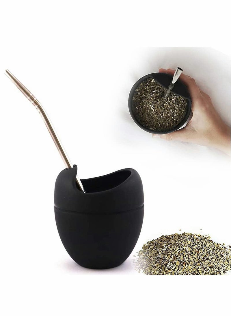 Black Reusable Silicone Mate Gourd Mug Set with Stainless Steel Straw BPA Free Easy to Clean 180ml Ideal for Tea and Yerba Mate Drinking - Image 1