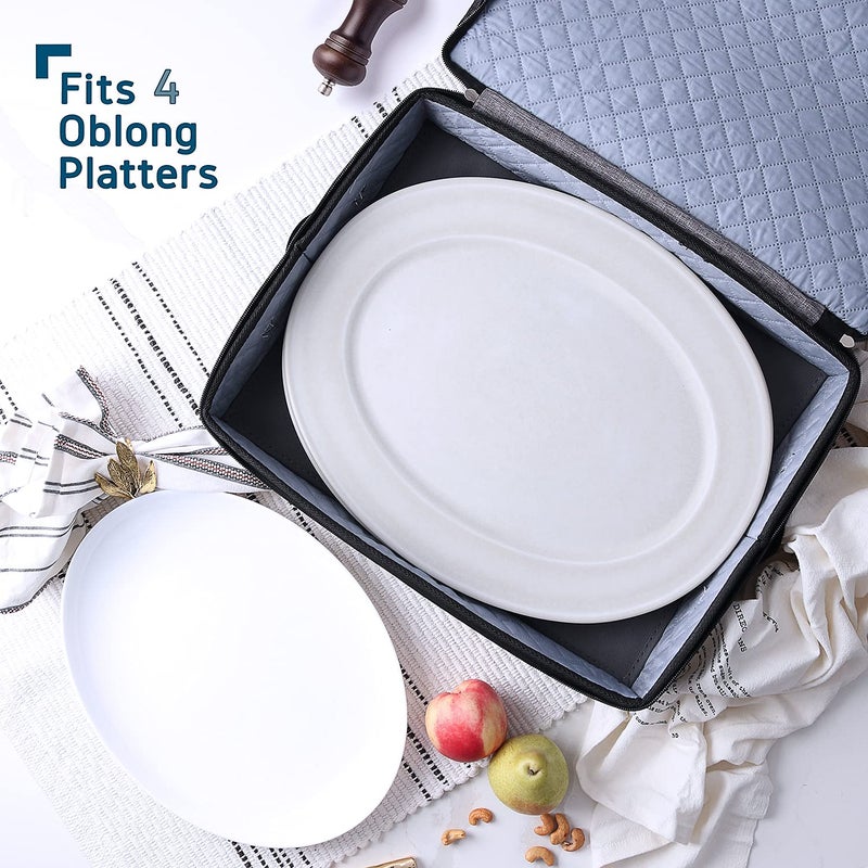 STORAGEBUD Platter Storage Case, Fine China Storage Containers Hard Shell, Quilted and Stackable 16”x 12.5”x 3.5” Platter Storage Container with Zipper, Handles and Felt Dividers for Moving and Seasonal Storage - Image 2