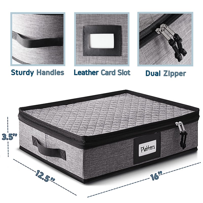 STORAGEBUD Platter Storage Case, Fine China Storage Containers Hard Shell, Quilted and Stackable 16”x 12.5”x 3.5” Platter Storage Container with Zipper, Handles and Felt Dividers for Moving and Seasonal Storage - Image 3