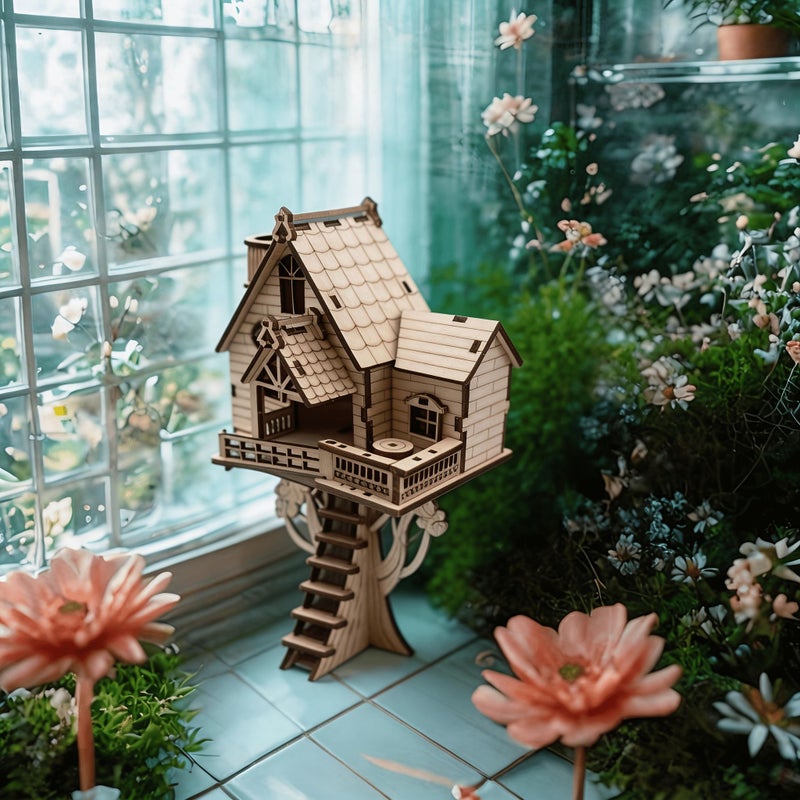 Wooden 3D Tree House Puzzle Set Creative Model Building Toy Yellow Christmas Halloween Gift - Image 4