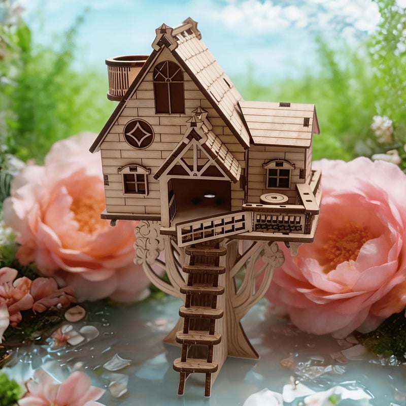 Wooden 3D Tree House Puzzle Set Creative Model Building Toy Yellow Christmas Halloween Gift - Image 1