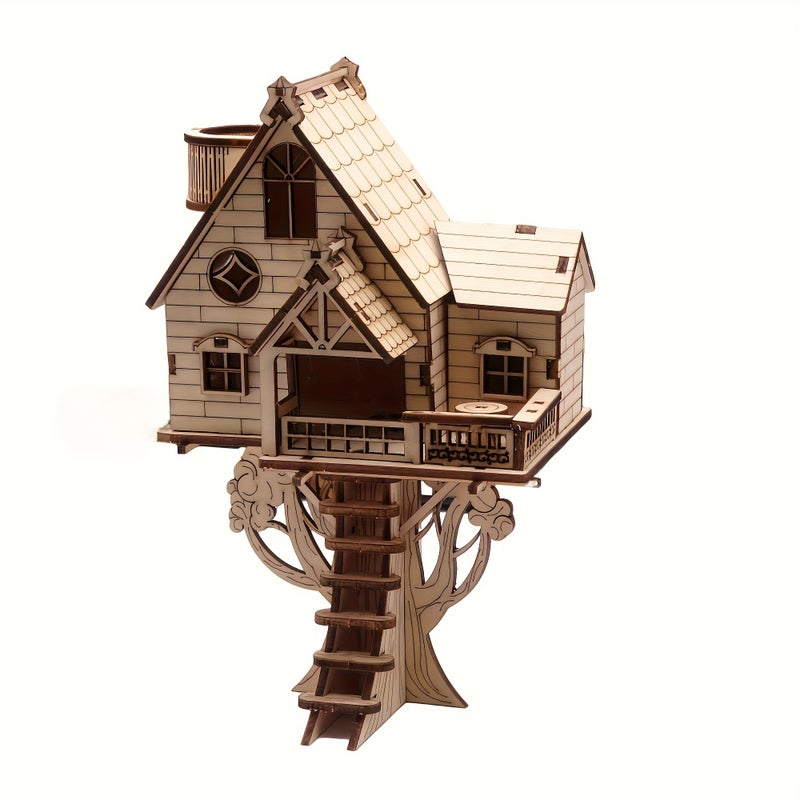 Wooden 3D Tree House Puzzle Set Creative Model Building Toy Yellow Christmas Halloween Gift - Image 5
