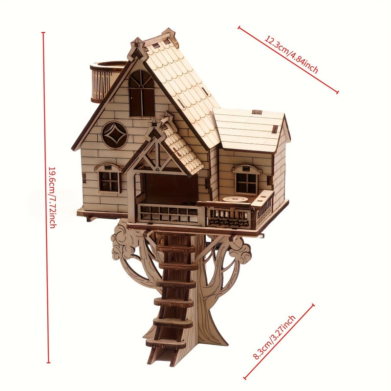 Wooden 3D Tree House Puzzle Set Creative Model Building Toy Yellow Christmas Halloween Gift - Image 2