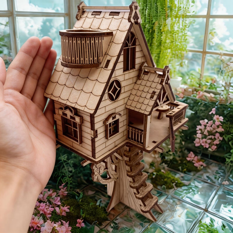 Wooden 3D Tree House Puzzle Set Creative Model Building Toy Yellow Christmas Halloween Gift - Image 3