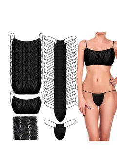 100 Pieces Disposable Bra and Panty Set, Non-Woven Wrap Underwear Contains 50 Pieces of Bra and 50 Pieces of Panties Suitable for Spa Sauna Beauty Salon Women's Top Thong (black)