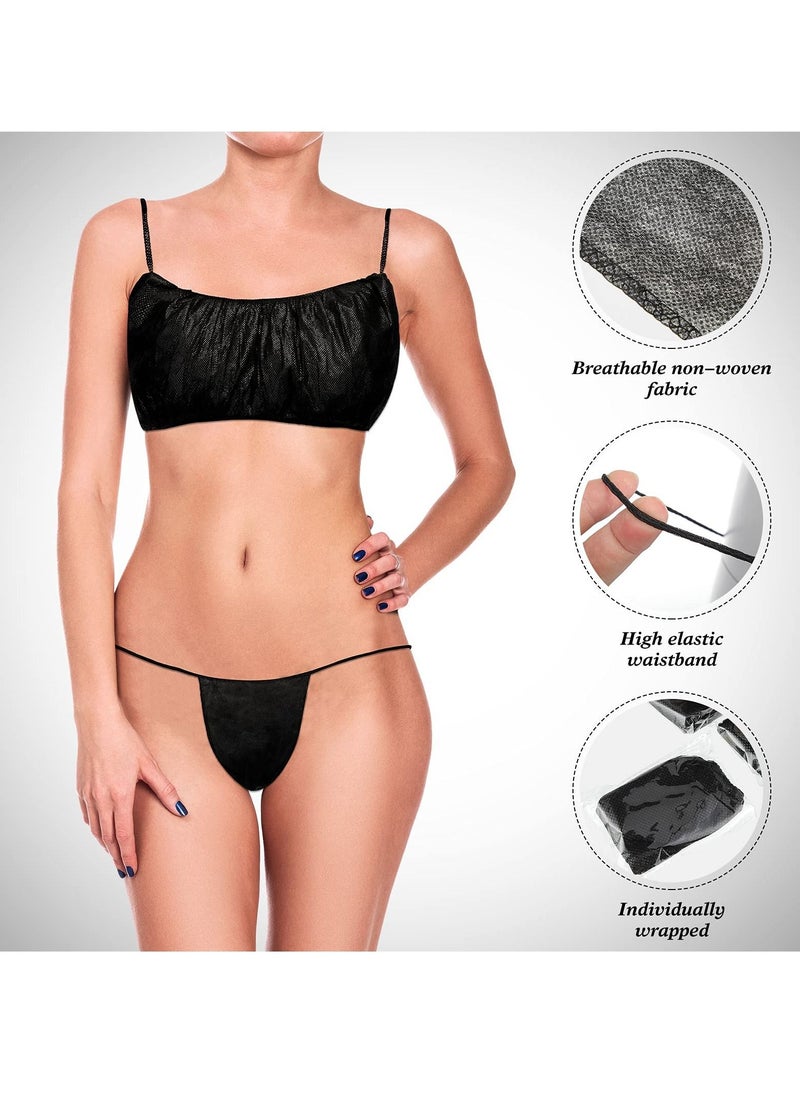 SYOSI - 100 Pieces Disposable Bra and Panty Set, Non-Woven Wrap Underwear Contains 50 Pieces of Bra and 50 Pieces of Panties Suitable for Spa Sauna Beauty Salon Women's Top Thong (black) - Image 1