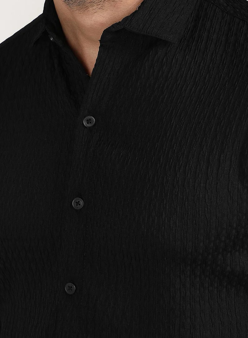 Campus Sutra Men's Onyx Black Chain-Creased Shirt