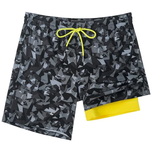 SURF CUZ Mens Swim Trunks with Compression Liner Quick Dry Swim Shorts 7" Swimming Trunks Stretch Zipper Pockets,Black Camouflage,M - Image 1