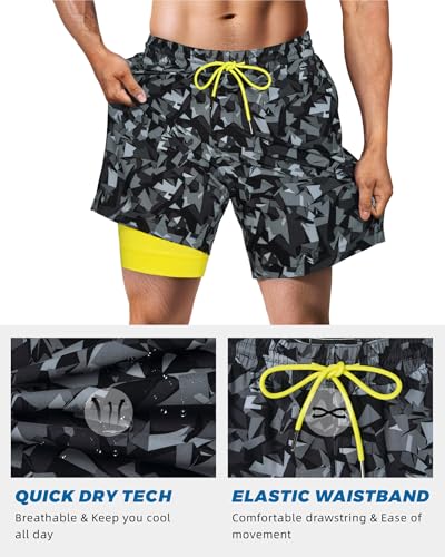 SURF CUZ Mens Swim Trunks with Compression Liner Quick Dry Swim Shorts 7" Swimming Trunks Stretch Zipper Pockets,Black Camouflage,M - Image 2