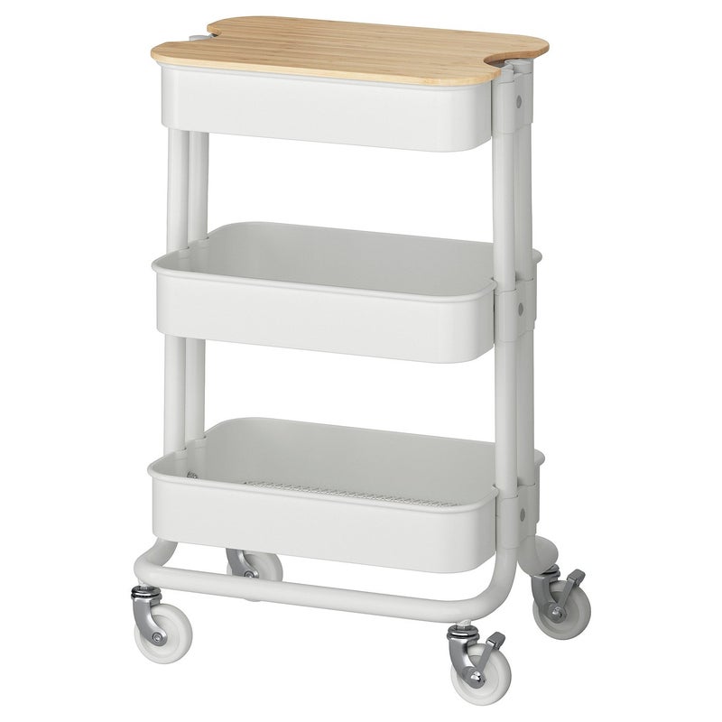 RASKOG Utility Trolley with Bamboo Lid, White, 28x38x61 cm - Image 1
