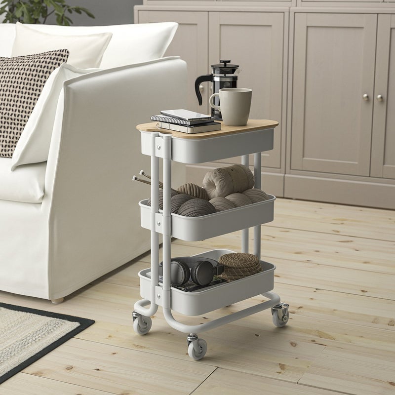 RASKOG Utility Trolley with Bamboo Lid, White, 28x38x61 cm - Image 3