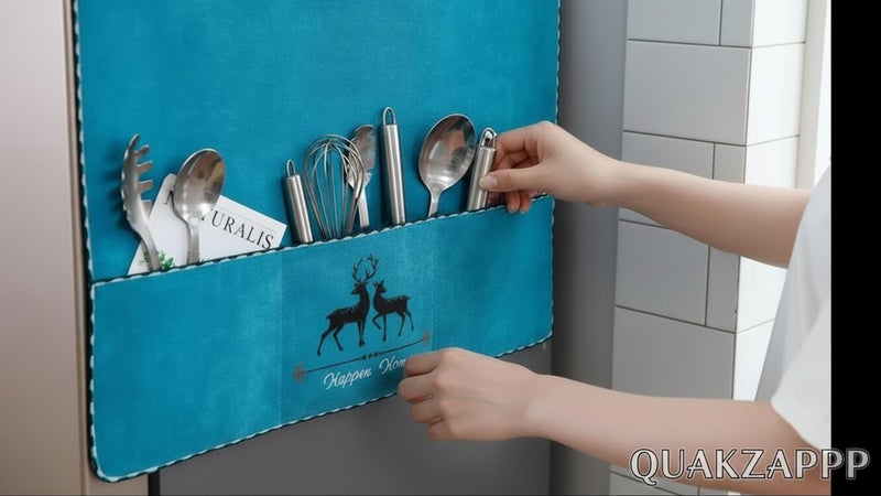 Quakzapp Waterproof Refrigerator Dust Cover Multi-Function Fridge Dust Cover with Storage Bag Organizer Kitchen Fridge Accessories (Cotton) ( 170 x 60 cm) (Blue Deer) - Image 3