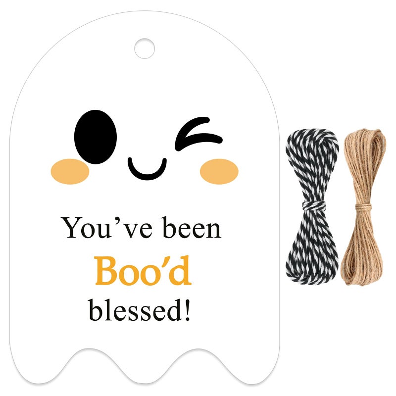 Anwyll Halloween Tags with String 50Pcs Halloween Ghost Gift Tags for Goodie Bag Youve Been Booed Blessed Tag Happy Halloween Decorative Paper Label Tag for Trick or Treat Party Favors Teacher - Image 3