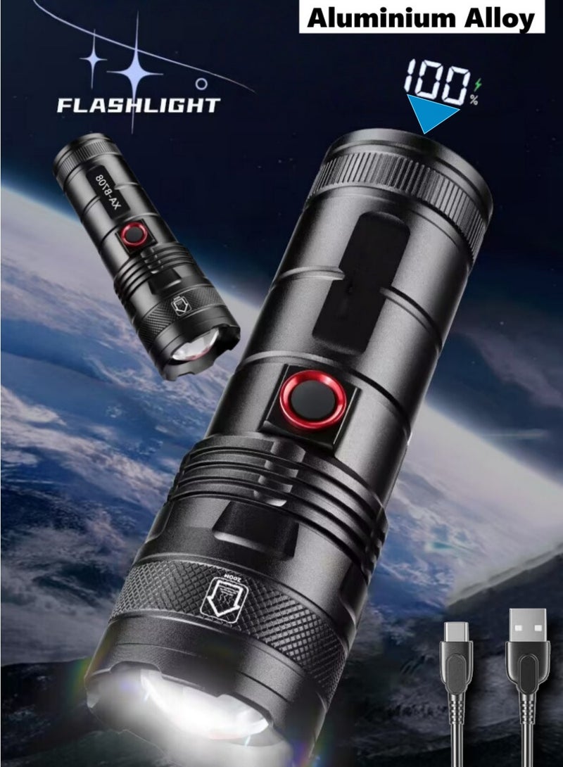 LED Rechargeable Flashlight with 5 Zoom Modes, Battery Percentage Display, Aluminum Alloy Material, Waterproof and Drop-resistant, Suitable for Home  Outdoor Use, Emergency Power Bank - Image 1
