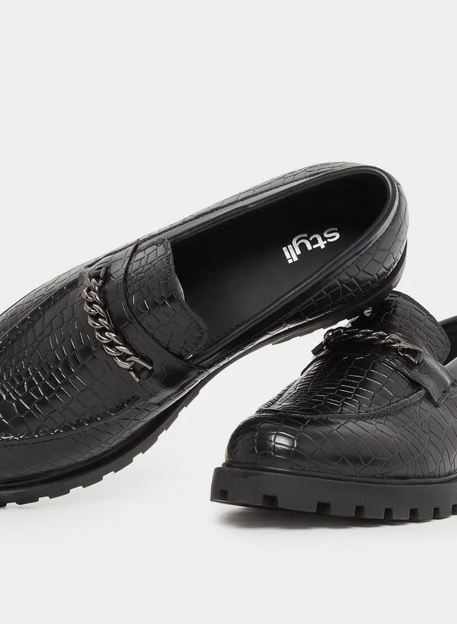 Styli Styli Croc-Textured Chain Accent Chunky Loafers