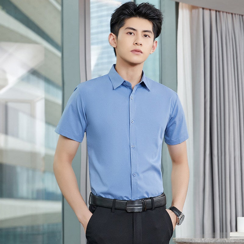 Men's wrinkle-resistant long-sleeved shirt in spring and autumn, plus size solid color, light blue, business casual, slim fit, high-end feeling, black shirt inch - Image 3