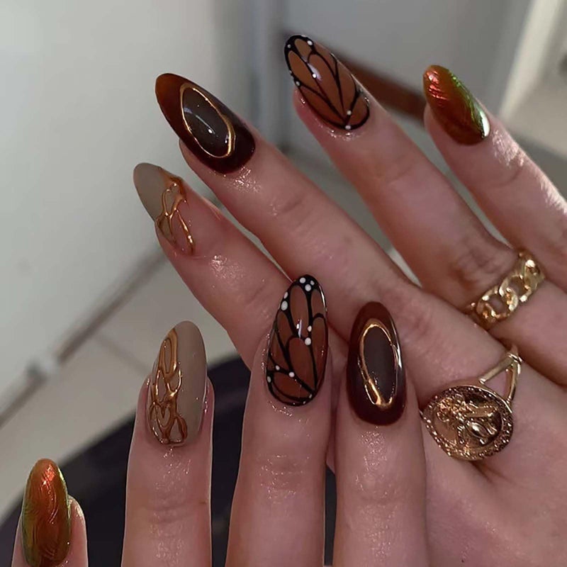 QQPPOLIU Buttterfly Press on Nails Medium Almond Fake Nails Brown Press on False Nails with Butterfly and Striped Design Fall Nails for Women 24pcs - Image 1