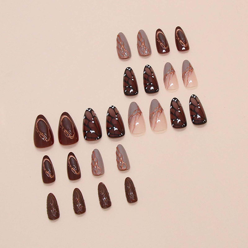 QQPPOLIU Buttterfly Press on Nails Medium Almond Fake Nails Brown Press on False Nails with Butterfly and Striped Design Fall Nails for Women 24pcs - Image 4
