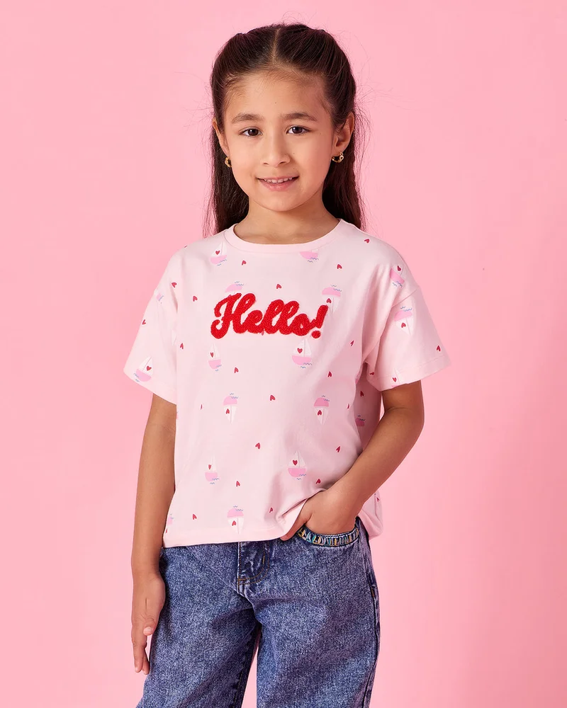 Redtag Girls Pink Sailboat Print T-Shirt