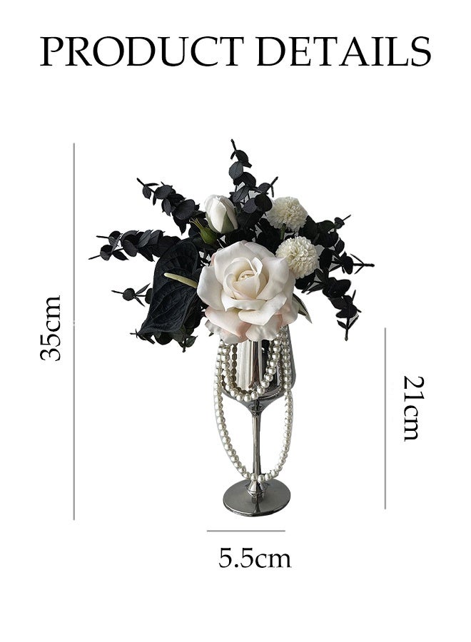 DUNISO Artificial White Rose Flowers Bouquet Fake Flowers Plants Silk Rose with Silver Tall Cup Vase Faux Flower Arrangements Wedding Bouquets Decor for Wedding Party Centerpiece Home Office Table Decoration Gift - Image 4