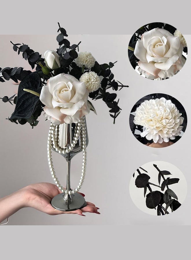 DUNISO Artificial White Rose Flowers Bouquet Fake Flowers Plants Silk Rose with Silver Tall Cup Vase Faux Flower Arrangements Wedding Bouquets Decor for Wedding Party Centerpiece Home Office Table Decoration Gift - Image 3