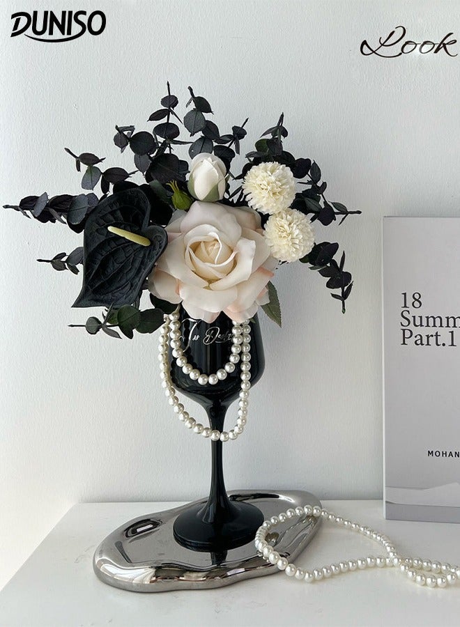 DUNISO Artificial White Rose Flowers Bouquet Fake Flowers Plants Silk Rose with Silver Tall Cup Vase Faux Flower Arrangements Wedding Bouquets Decor for Wedding Party Centerpiece Home Office Table Decoration Gift - Image 1