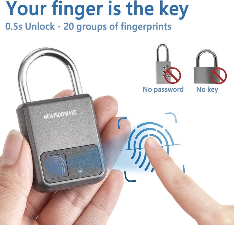 Newisdomake Fingerprint Padlock, Smart Padlock with USB Charging Support, Fingerprint Lock, Biometric Lock Suitable for Luggage, Bookcase, Suitcase, Backpack, Bike, School Locker, Gym Locker Lock(Gray) - Image 2