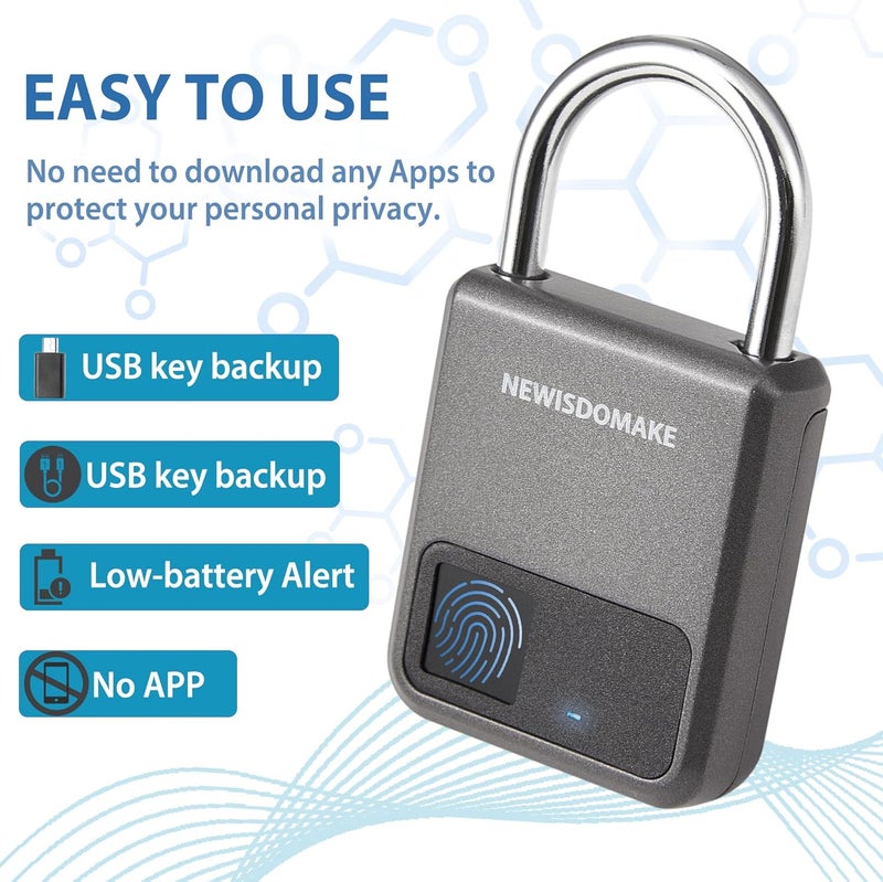 Newisdomake Fingerprint Padlock, Smart Padlock with USB Charging Support, Fingerprint Lock, Biometric Lock Suitable for Luggage, Bookcase, Suitcase, Backpack, Bike, School Locker, Gym Locker Lock(Gray) - Image 3