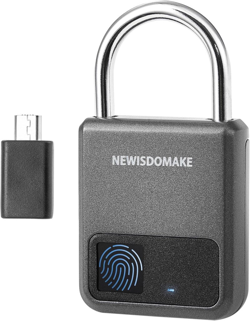 Newisdomake Fingerprint Padlock, Smart Padlock with USB Charging Support, Fingerprint Lock, Biometric Lock Suitable for Luggage, Bookcase, Suitcase, Backpack, Bike, School Locker, Gym Locker Lock(Gray) - Image 1