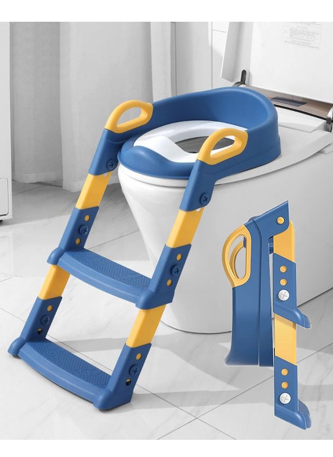 Generic 2-in-1 Potty Training Seat with Adjustable Step Stool, Foldable Trainer Toilet with PVC Cushion, Baby Toilet, Suitable for Cultivating Independent Toileting for Boys and Girls, Blue  - Image 1