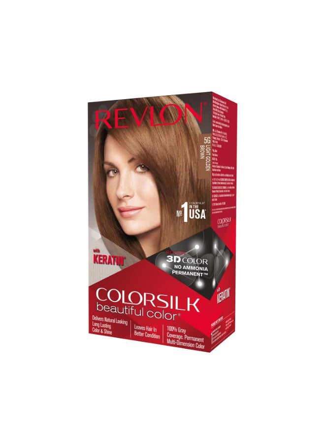 Revlon ColorSilk Beautiful Permanent Hair Color For Women, Salon Perfect Hair Colour at Home with 100% Grey Coverage, Pro-Keratin & No Ammonia, Up to 8 Weeks of Colour, Shade - Light Golden Brown 5G(Pack of 1) - Image 1