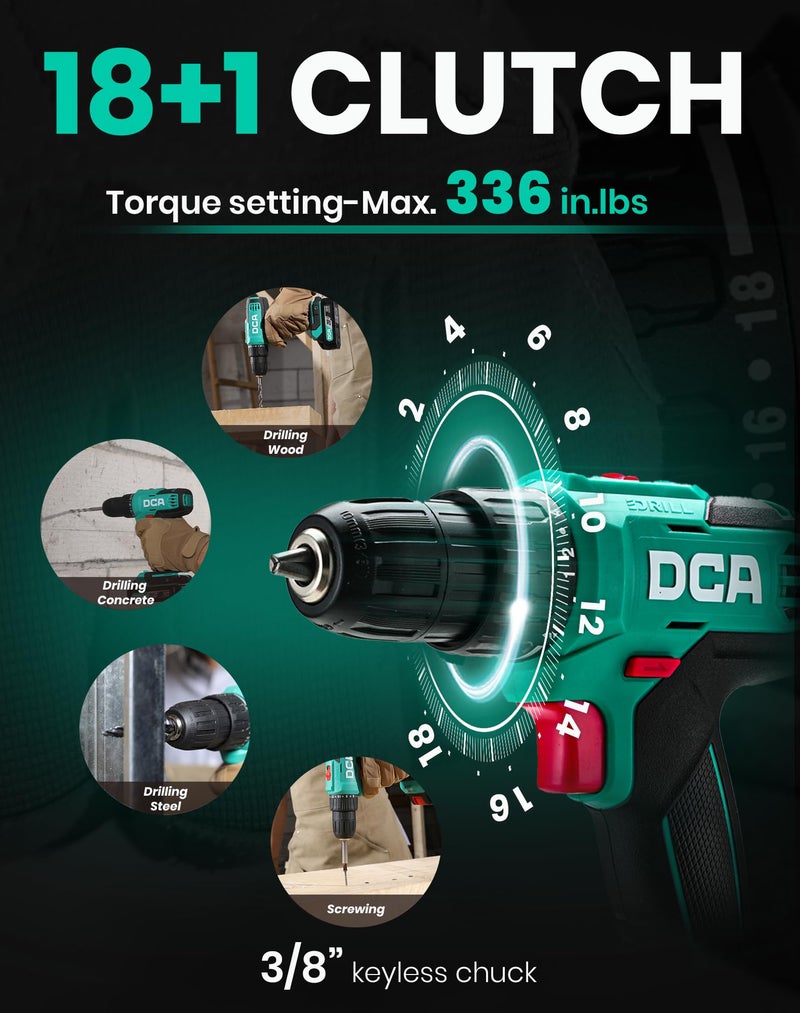DCA Cordless Drill Set, 354 in-lbs Torque, 3/8" Keyless Chuck, Electric Power Drill with 2.0Ah Battery and Charger,18+1 Position,25-Piece 20V Drill Driver Kit, ADJZ2035 - Image 2
