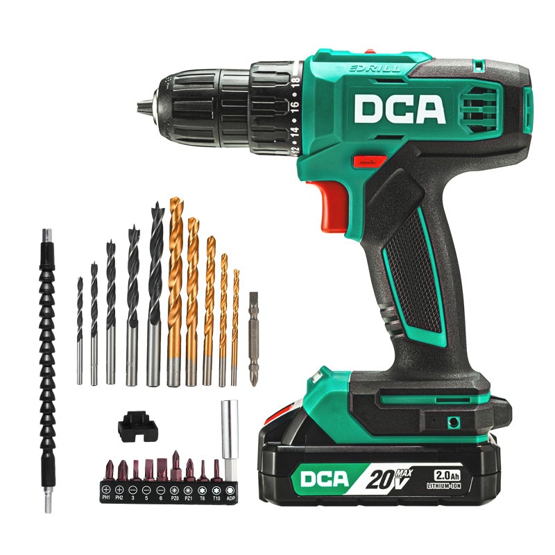 DCA Cordless Drill Set, 354 in-lbs Torque, 3/8" Keyless Chuck, Electric Power Drill with 2.0Ah Battery and Charger,18+1 Position,25-Piece 20V Drill Driver Kit, ADJZ2035 - Image 1