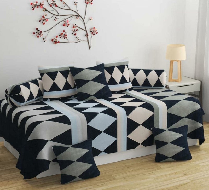 DWORTH DWORTH Premium Glace Cotton Checkered Pattern 8 Pieces Diwan Set Cover with 1 Single Bedsheet 2 Bolster Covers and 5 Cushions Cover Color Grey Black  - Image 1