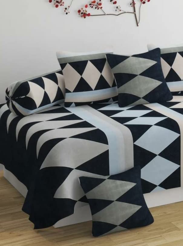 DWORTH DWORTH Premium Glace Cotton Checkered Pattern 8 Pieces Diwan Set Cover with 1 Single Bedsheet 2 Bolster Covers and 5 Cushions Cover Color Grey Black  - Image 2