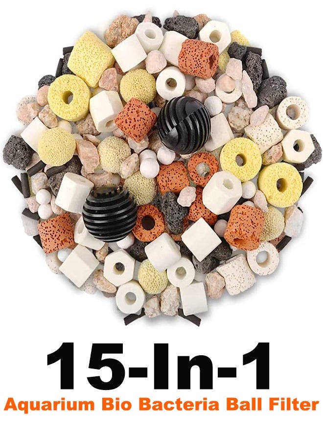 وسائط ترشيح أحواض السمك 15 في 1 كرات حيوية وحلقات سيراميك ووسائط حيوية مع حقيبة شبكية لأحواض الأسماك والبرك وملحقات مرشح أحواض السمك 500 جرام - Image 1