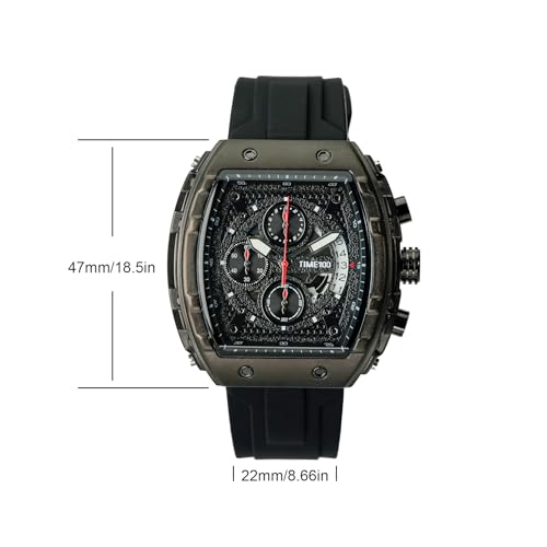 TIME100 Watch for Men Chronograph Calendar Square Face Luminous Punk Style Multifunctional Sub-dial Men's Skeleton Tonneau Watch Adjustable Silicone Strap, Black, W70181G.01A - Image 4