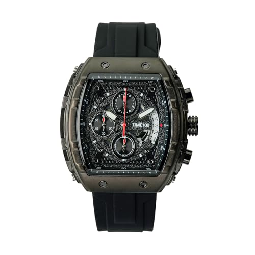 TIME100 Watch for Men Chronograph Calendar Square Face Luminous Punk Style Multifunctional Sub-dial Men's Skeleton Tonneau Watch Adjustable Silicone Strap, Black, W70181G.01A - Image 1